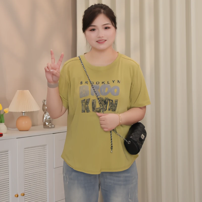 2025夏季新款微胖大码女装百搭时尚T恤宽松韩版潮流短袖印花圆领