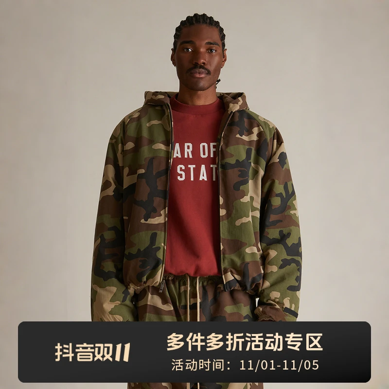 ESSENTIALS FEAR OF GOD美式经典连帽夹克迷彩绿运动户外夹克外套