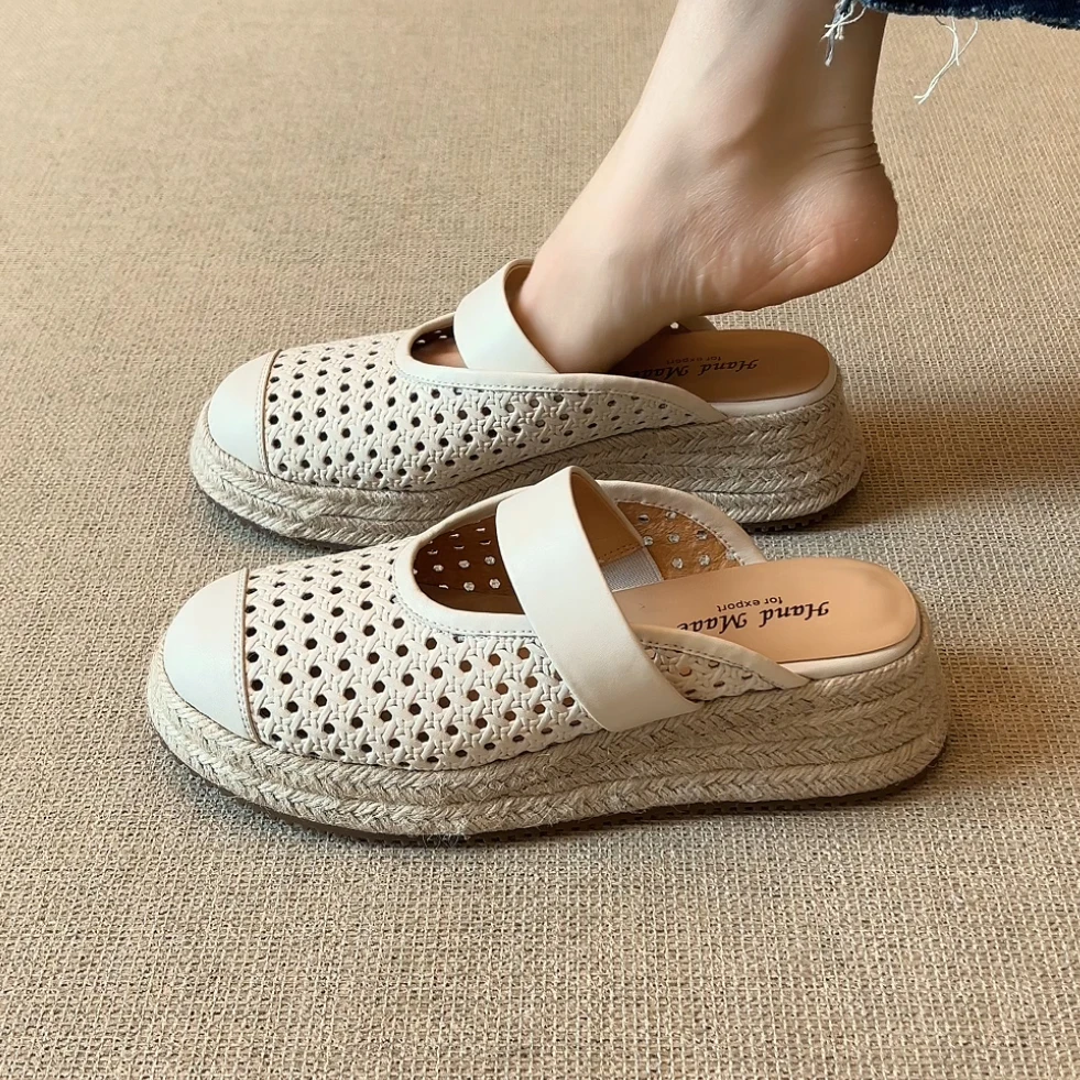 RubyL/5.5cm韩版简约休闲舒适透气百搭草编底圆头纯色包头拖女款