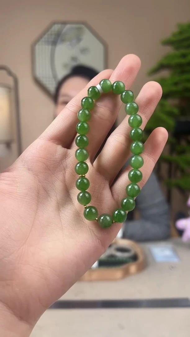 18K金镶嵌手链和田玉18K金8mm碧玉手串