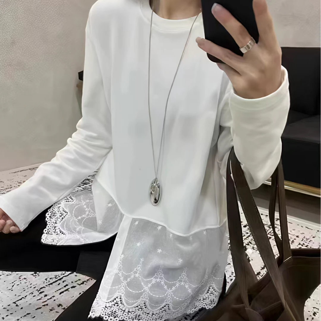 2025新款白色拼接下摆开叉花边早春季高级感内搭中长款上衣50248