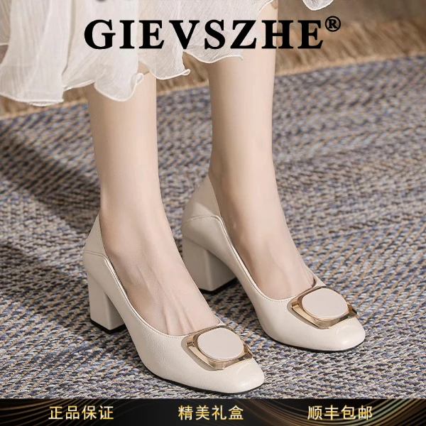 纪诗哲气质方头高跟鞋女款秋季新款时尚百搭鞋子潮牌粗跟精美女鞋