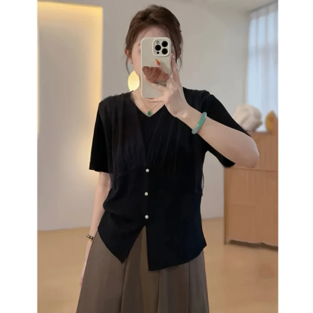 大码法式网纱拼接短袖v领上衣胖mm夏季女装显瘦黑色小衫DM20215