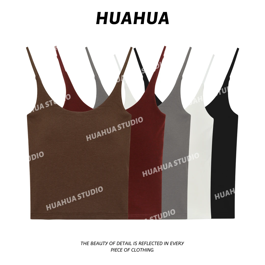 【花花】细带背心~百搭大U领细肩带百搭固定杯吊带背心（胸垫1.5cm）