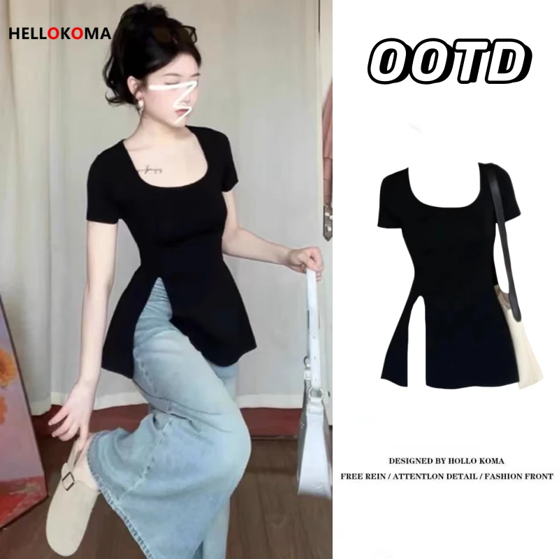 棉法式纯欲风开叉方领短袖t恤女装夏季新款收腰甜辣不规则上衣ins