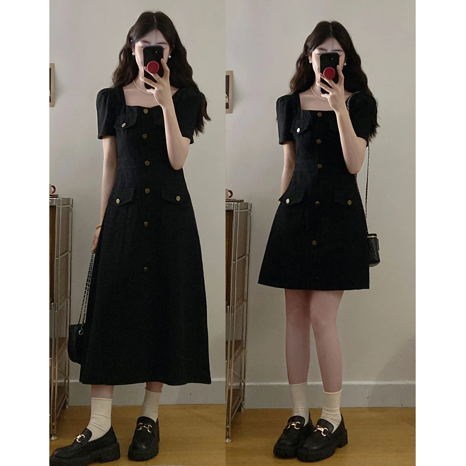 大码气质翻领口袋牛仔时尚连衣裙胖MM藏肉黑色牛仔裙女