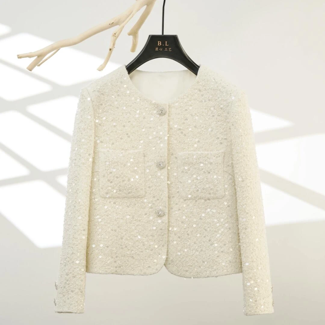 【玲姐专属】白色圆领烫钻长袖 气质 修身 -3185