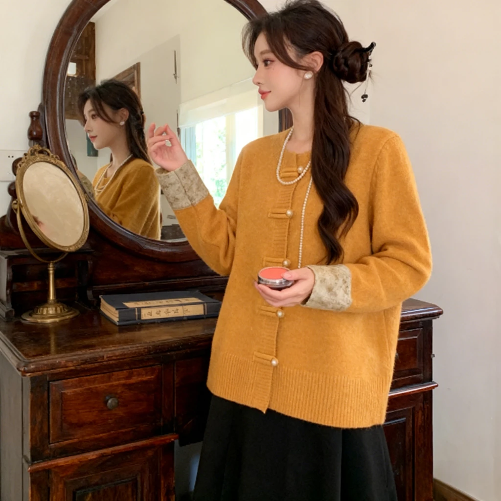 【大码】1340女装时尚新中式盘扣气质软糯毛织百搭大码显瘦中式毛衣