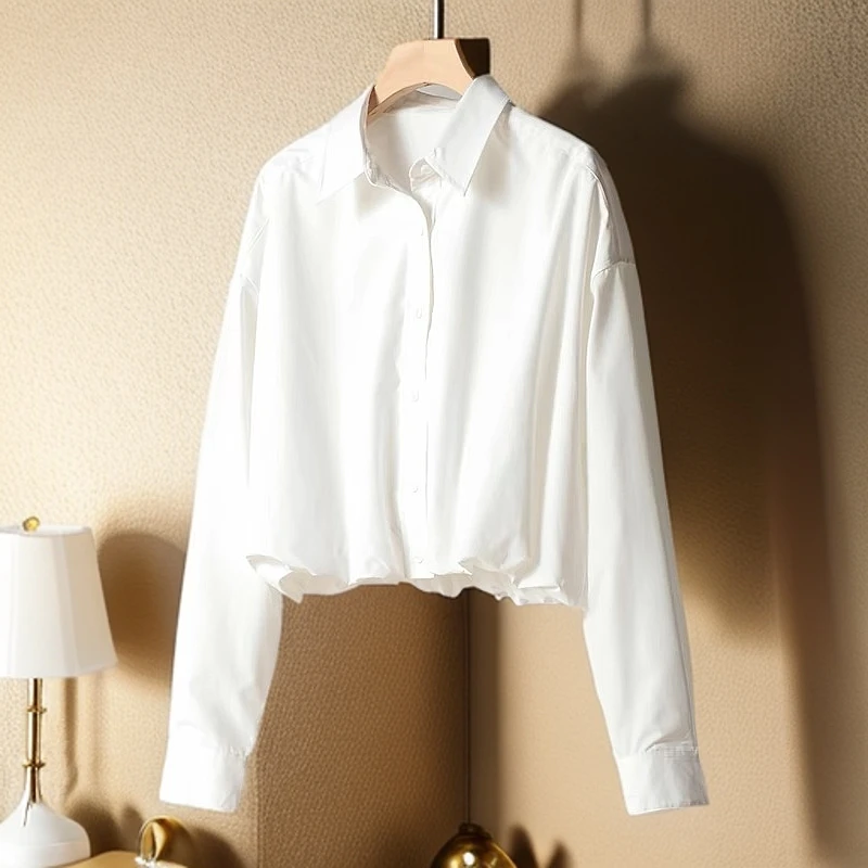 春季新款高级感舒适柔软翻领纯色短款长袖女衬衫极简风格法式抗皱