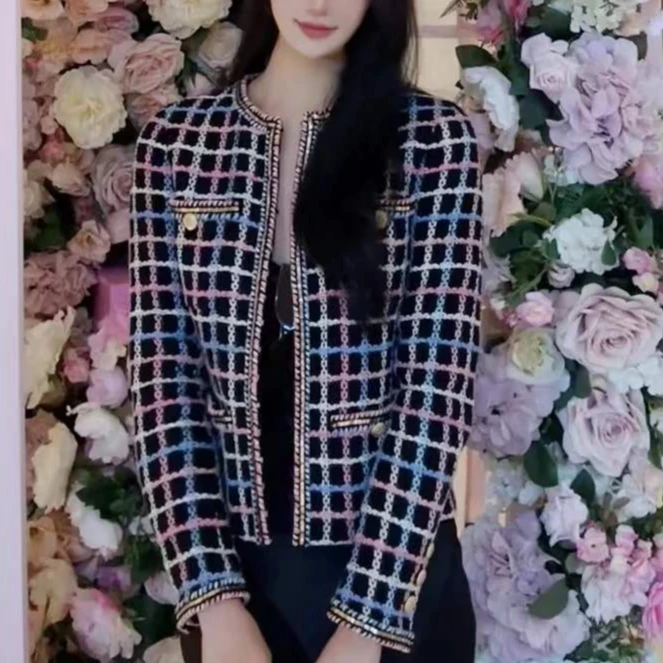 99新 Chanel/香奈儿 36码22S黑底彩色格纹四口袋编织外套袖长改短