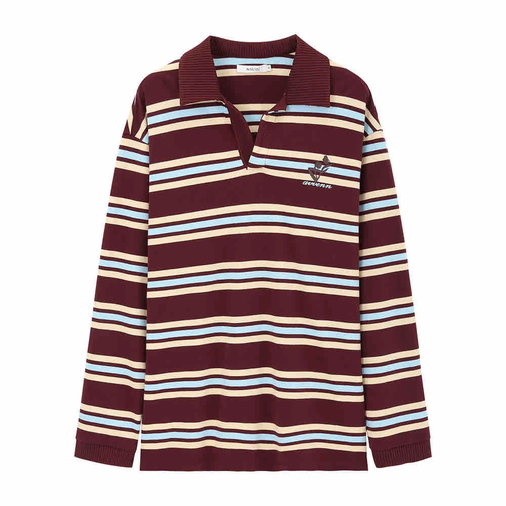 【茉舍】AVVENN 撞色横条纹针织POLO衫长袖T恤女AL11001520-1090