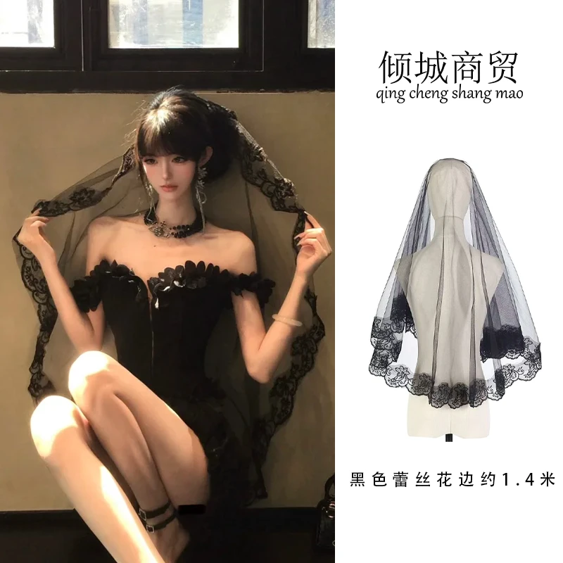 黑色蕾丝头纱万圣节cos头饰Y2k哥特圣母玛利亚鬼新娘网纱发饰修女