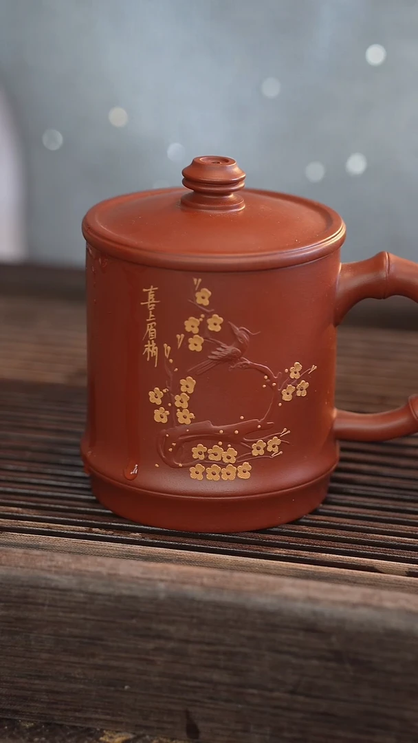 茶壶紫砂竹节盖杯大红袍喜上眉梢翠鸟花300cc