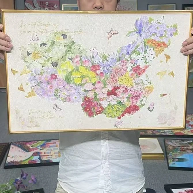 创意花卉中国地图墙画餐厅装饰画书房挂画客厅办公室挂画4060