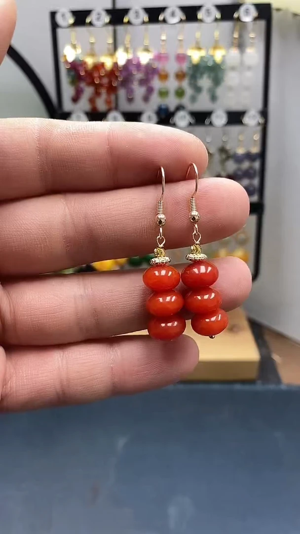 银S925镀金镶嵌南红玛瑙耳饰尺寸10mm算盘珠