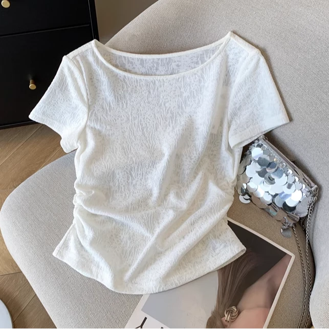 休闲风短袖短款一字领度假风T恤修身夏季不规则韩版ins显瘦