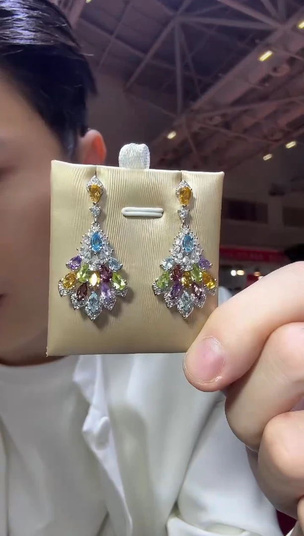 银S925镶嵌托帕石耳饰多彩宝石耳坠