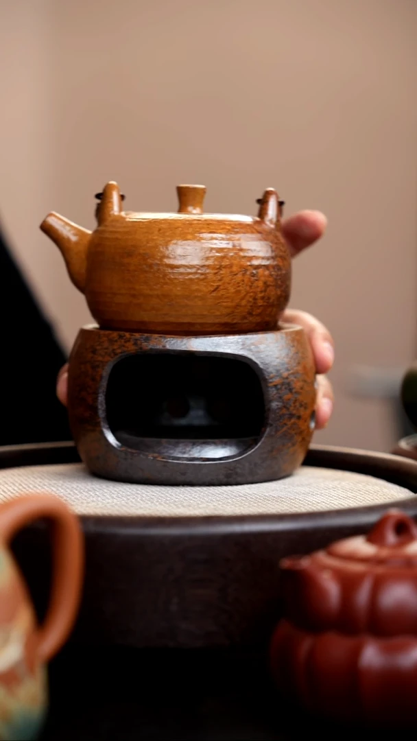 茶壶紫砂柴烧圆珠提梁+底座