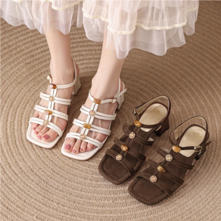 时装凉鞋2025年夏季粗跟网红时尚休闲百搭软底复古厚底平底