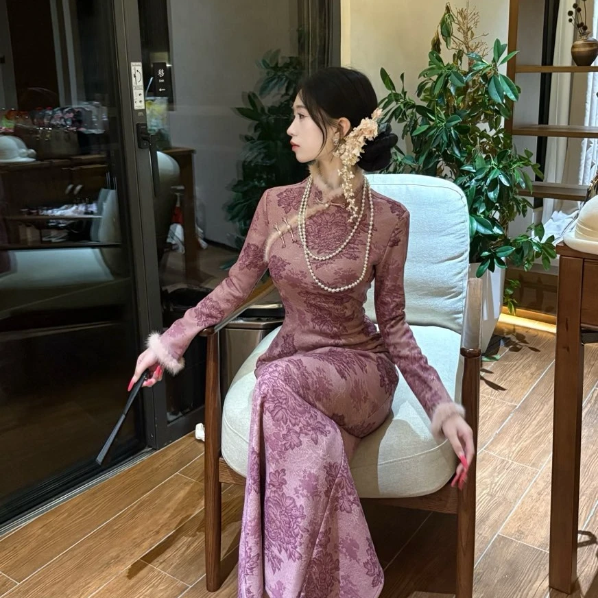 LHMknk1画报夫人厚款针织水貂毛秋冬旗袍 牡丹珠帘旗袍特价不退换