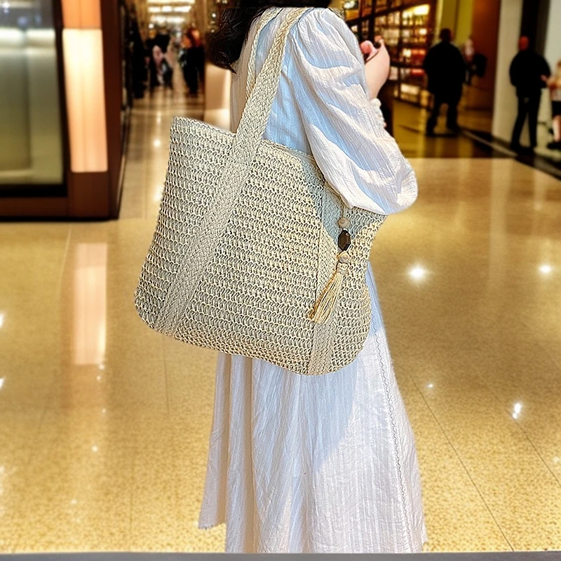 拉链竖式主袋托特包编织单肩包镂空手拎包肩包编织包流苏女士休闲