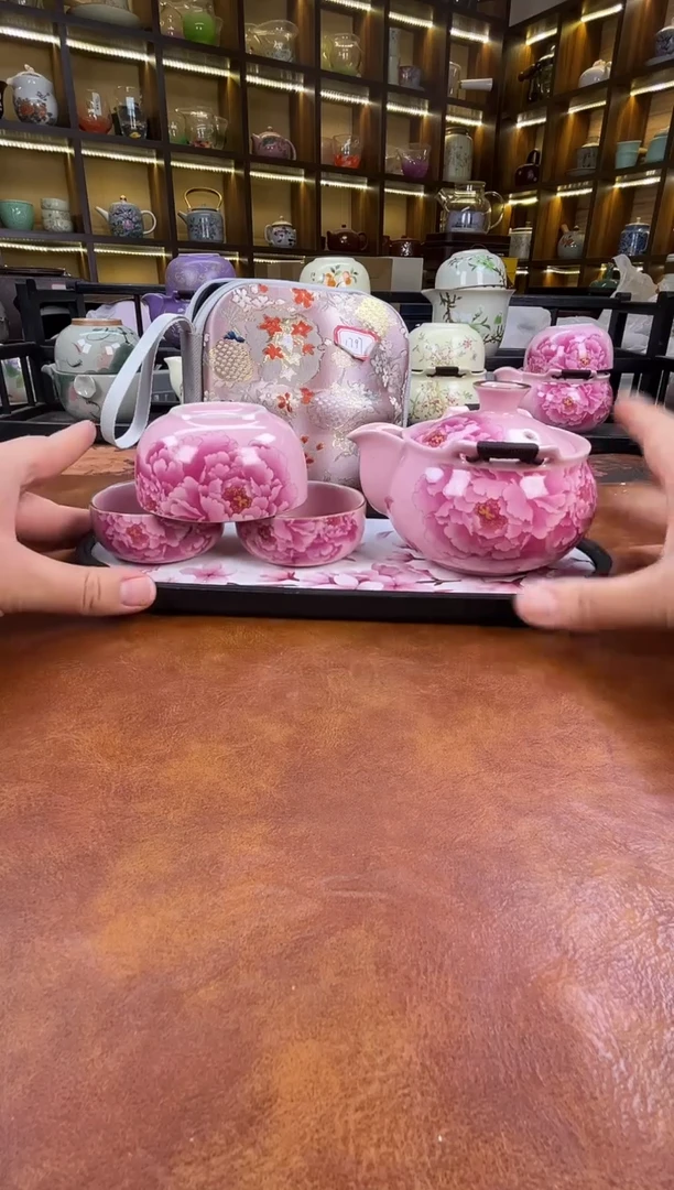 瓷片新款粉色牡丹宝瓶+长方粉色花朵盘