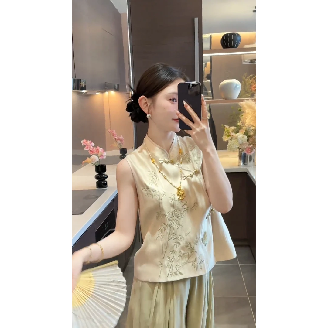 2025夏季新款时尚气质新中式无袖衬衫上衣搭高腰显瘦阔腿长裤套装