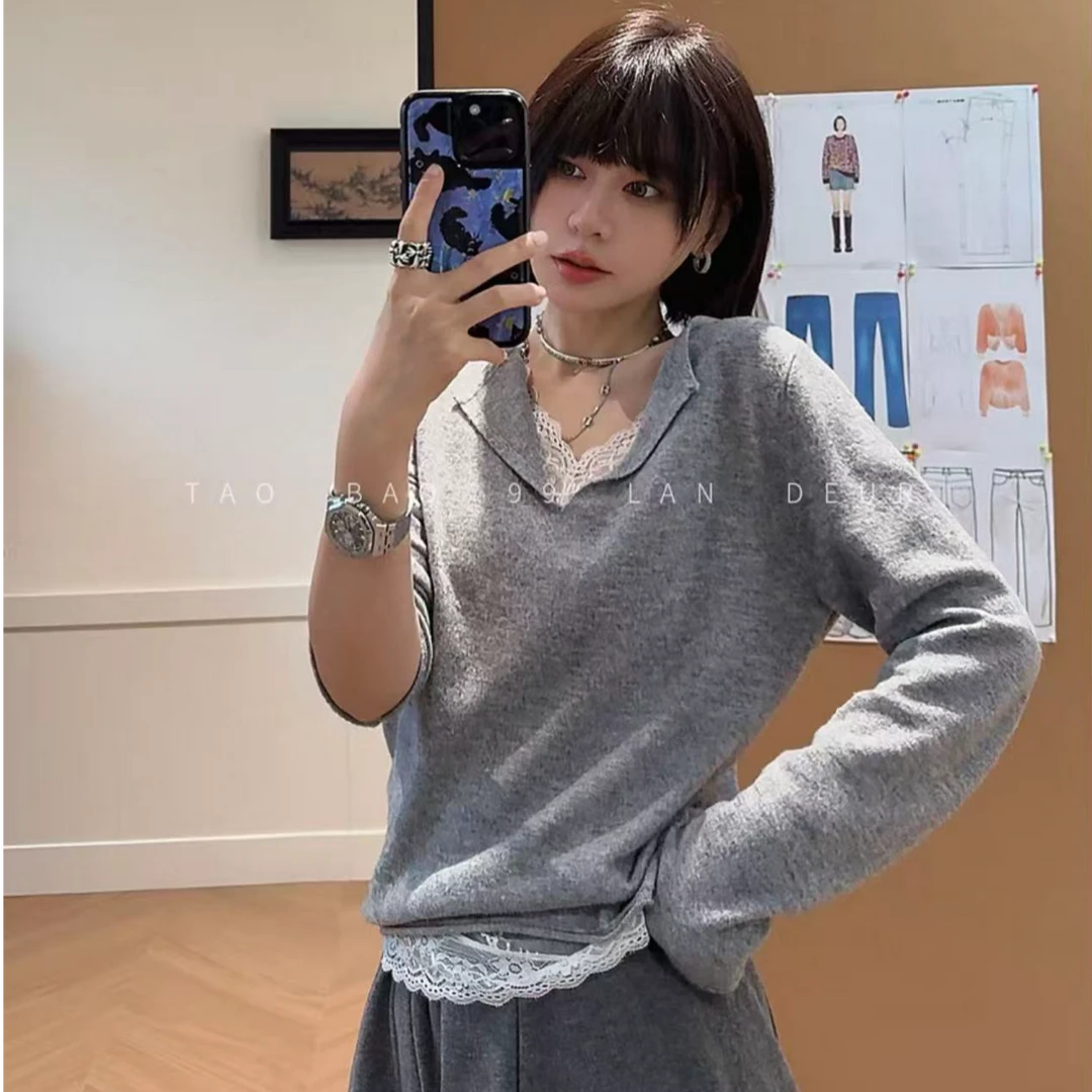 LAN DEUR【城市定律】韩系甜美蕾丝拼接假两件温柔气质V领针织衫