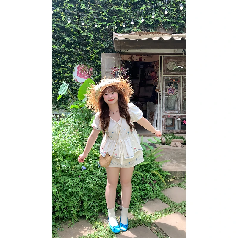 【清仓】刺绣v领重工刺绣透气上衣/A字刺绣半身裙套装舒适度假夏