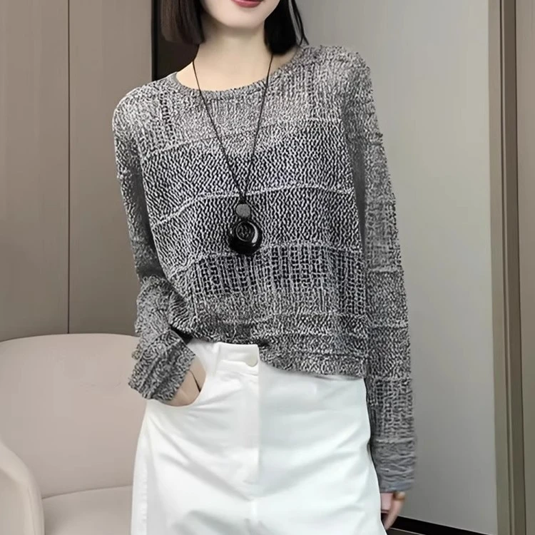 复古镂空设计感圆领长袖针织衫女2025新款春夏宽松小个子洋气上衣