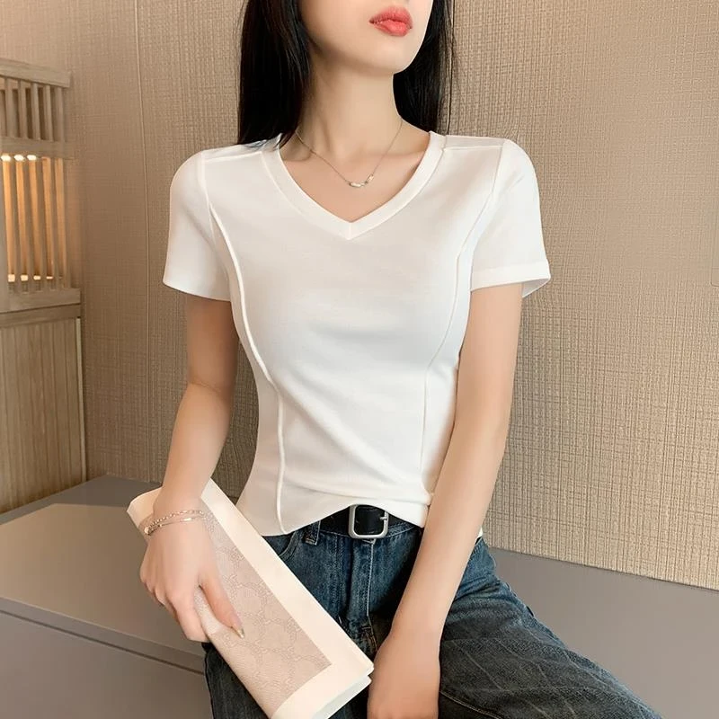 白色正肩休闲风V领T恤短袖t恤女设计感小众显瘦洋气纯色半袖上衣
