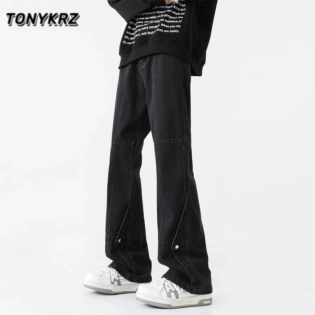 TONYKRZ黑色机能排扣牛仔裤男女美式高街显瘦修身直筒微喇长裤子