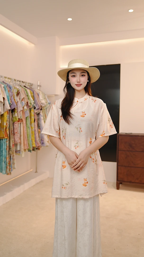 【云栖】国风盘扣新中式印花短袖上衣显瘦长款宽松小衫复古夏季