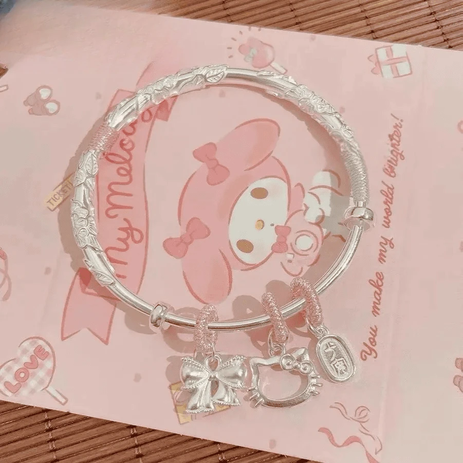 足银手镯 繁花纯银手镯女S999镯子Kitty猫可爱百搭时尚节日送女友