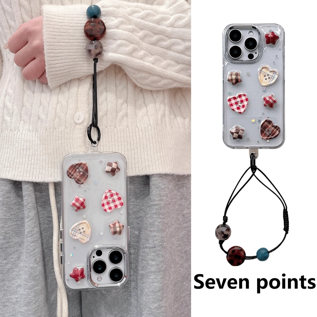 滴胶格纹爱心纽扣适用苹果16Promax手机壳iPhone14/15Pro新款12女