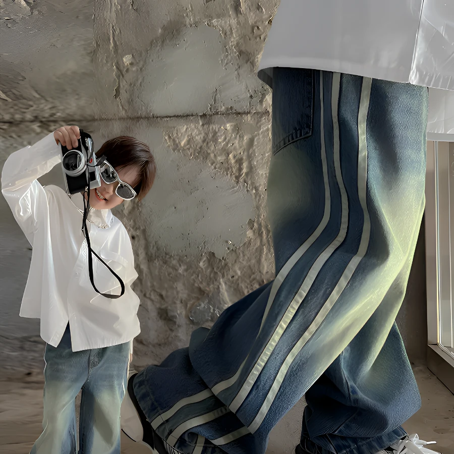 童装秋季新款男童复古做旧牛仔裤宝宝三条杠直筒休闲宽松长裤百搭