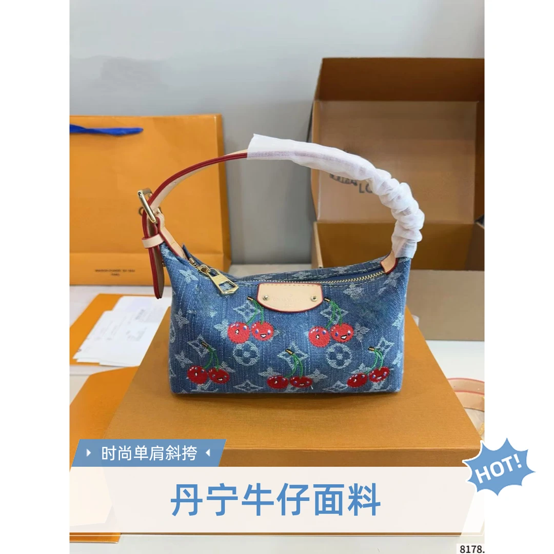 樱桃丹宁牛仔刺绣饭盒麻将包手提腋下包潮流包包女款爆款2025新款