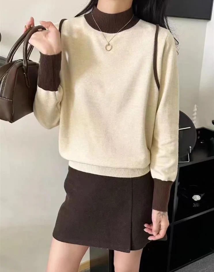 法式黑白条纹半高领针织衫长袖打底衫女秋季新款修身时尚洋气上衣