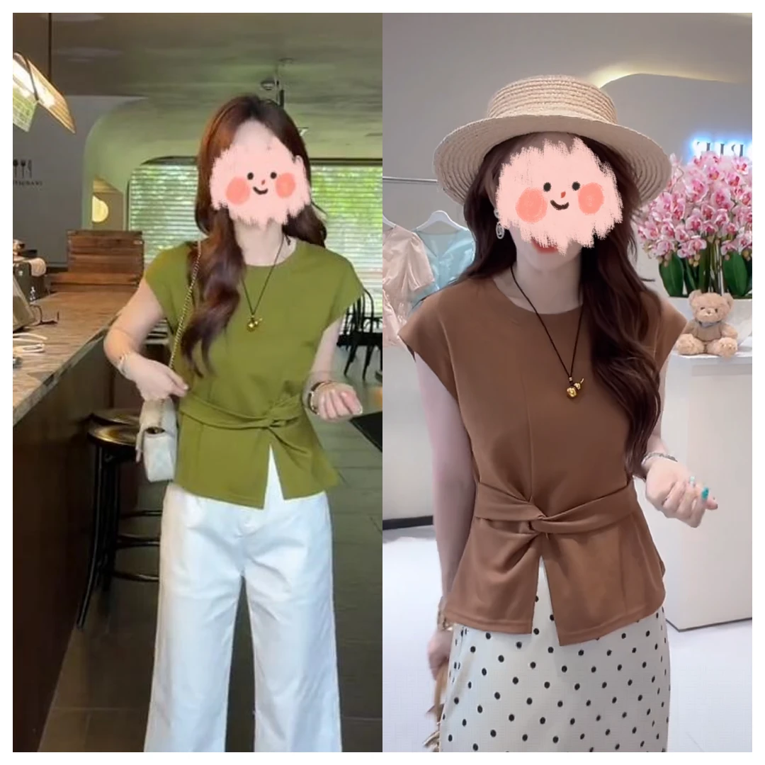 魅力磁场夏季2025夏季新款飞飞袖掐腰扭结开叉短袖T恤女百搭上衣