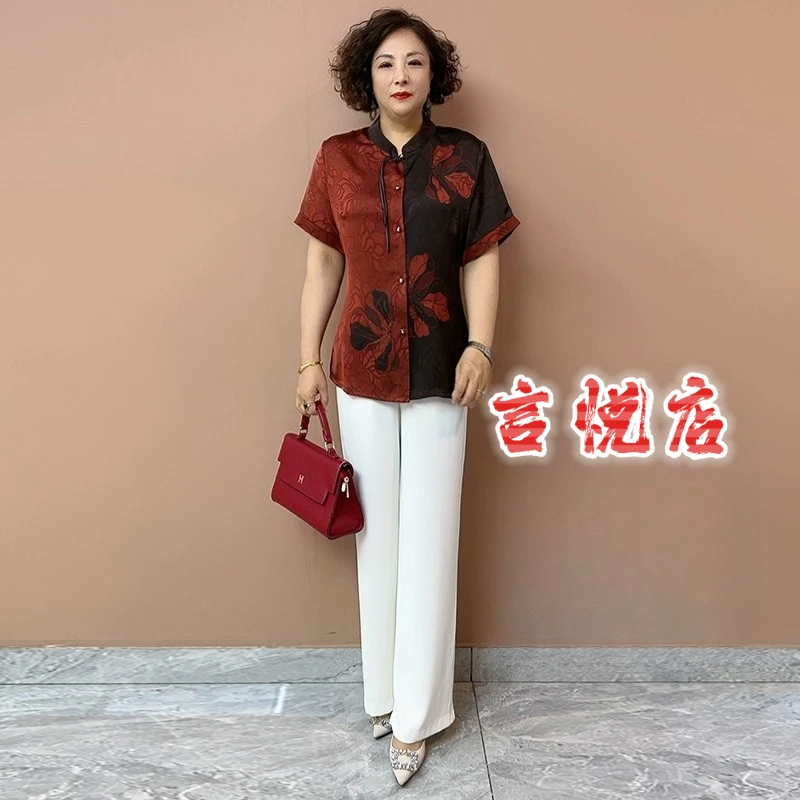 8611新中式国风妈妈真丝套装夏季新款宽松短袖衬衫裤子减龄两件套