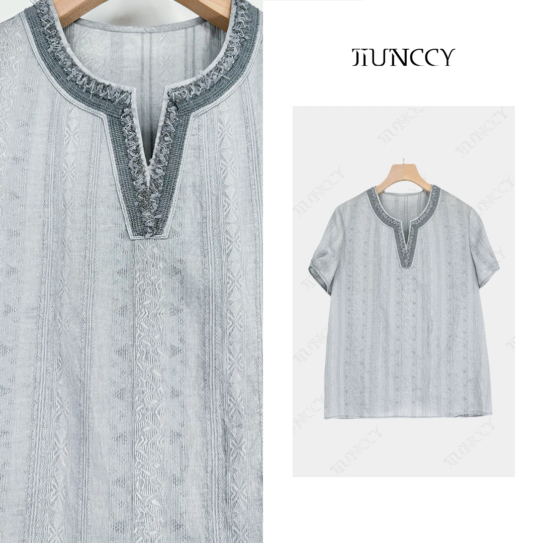 JIUNCCY【赛娅】提花自然肌理拼剪刀V领编织织带短袖上衣 52YCY118