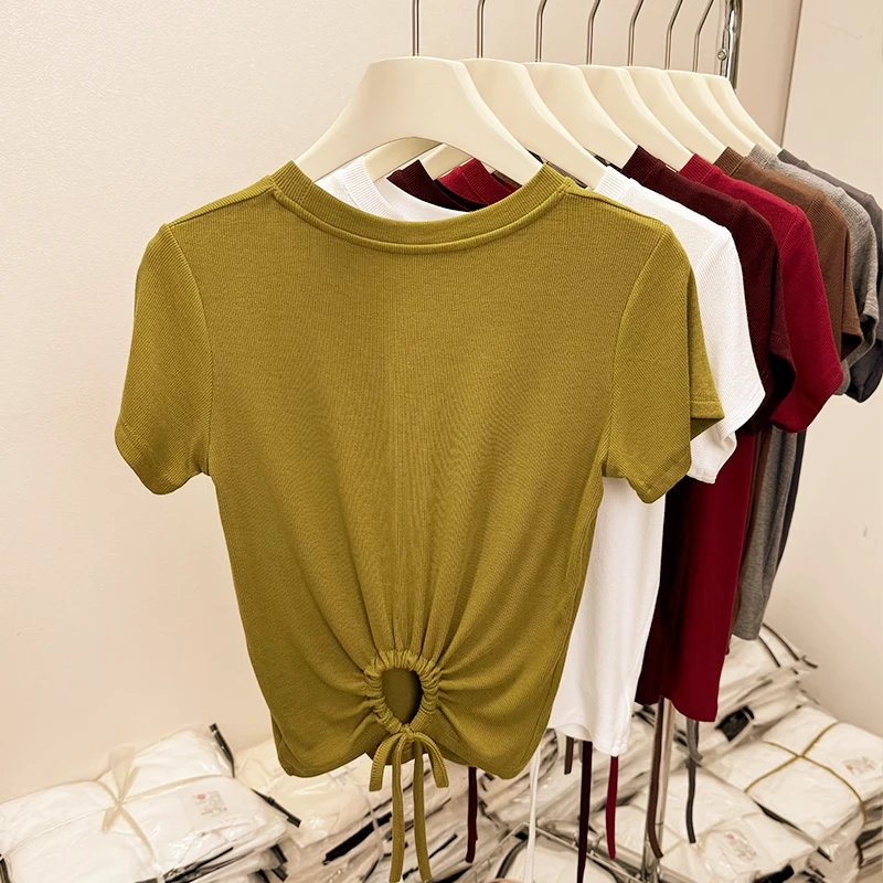 韩版后背绑带修身短袖t恤女夏季新款设计感气质收腰显白显瘦上衣