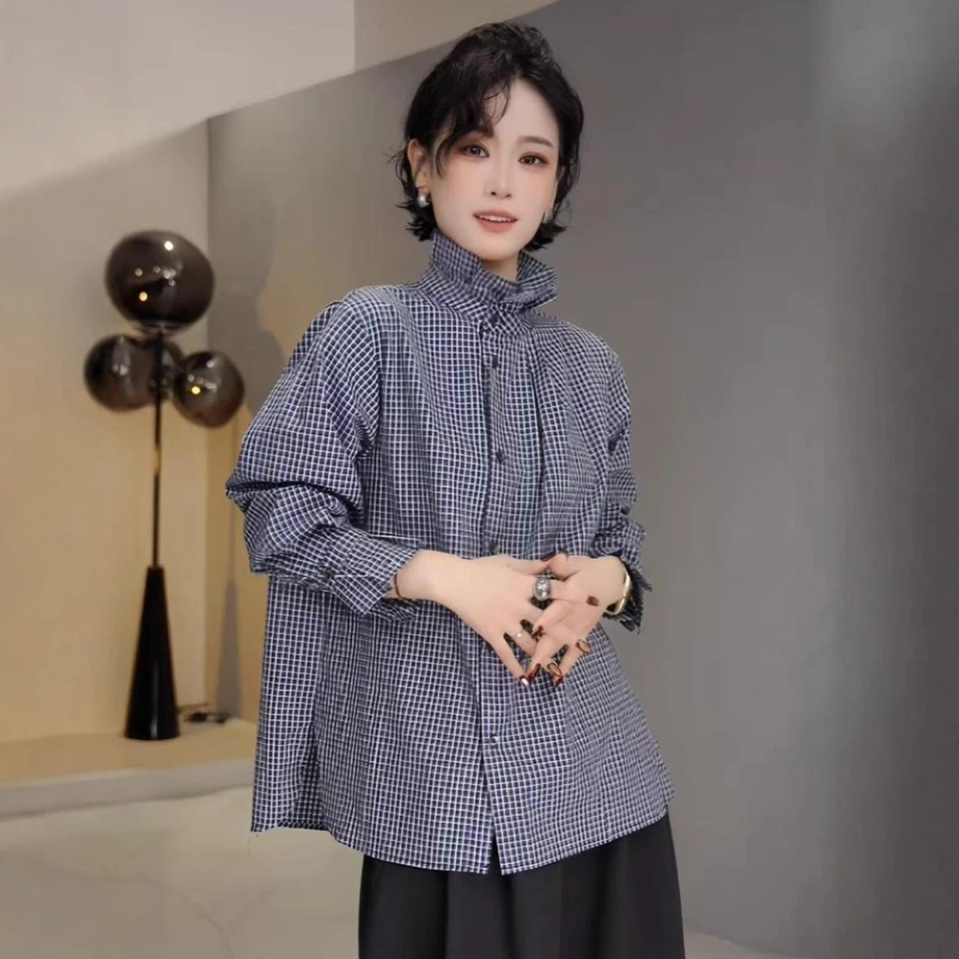 原创设计欧货时尚精梳棉花苞衬衫秋季宽松显瘦长袖白色百搭立领