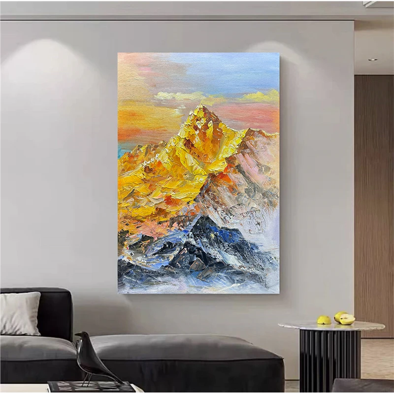 （日照金山）手工油画现代简约客厅竖版装饰画黑色沙发走廊玄关挂