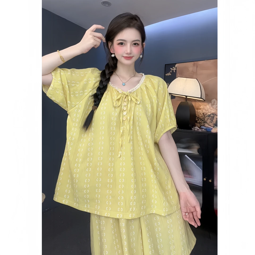 【深秋恋歌】碎花云朵棉翻领夏短袖套装女夏季薄款两件套睡衣圆领