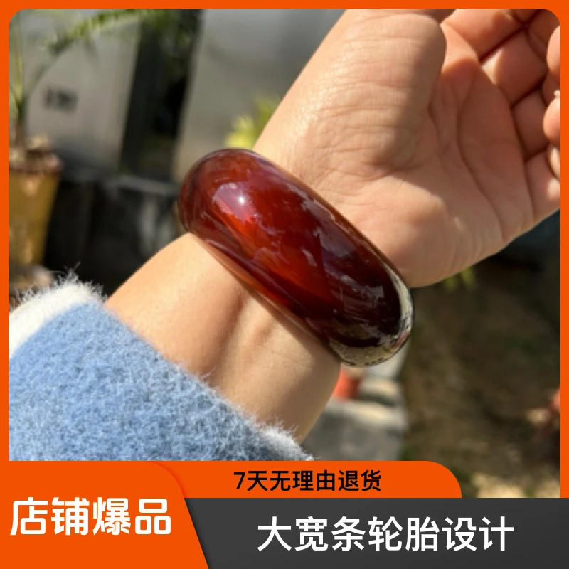 缅甸琥珀棕红蜜大宽条轮胎手镯女款