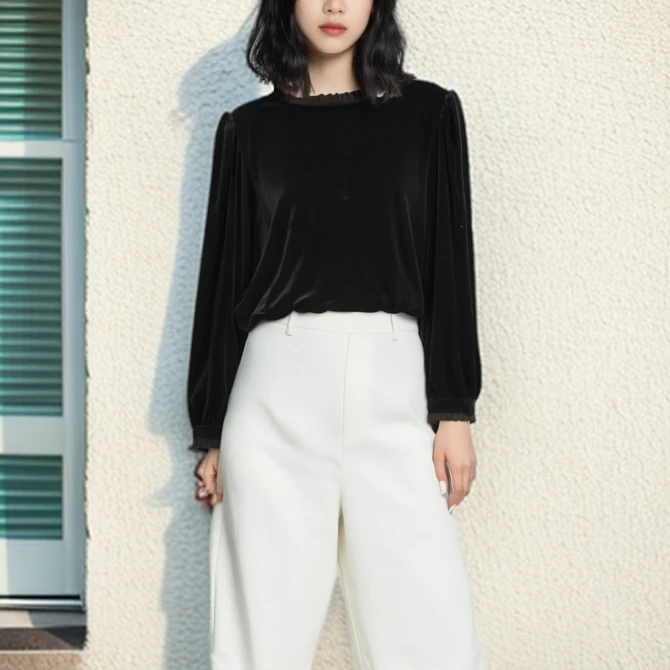 2334 长袖韩版小众设计感木耳边蕾丝别致丝绒秋冬衬衫