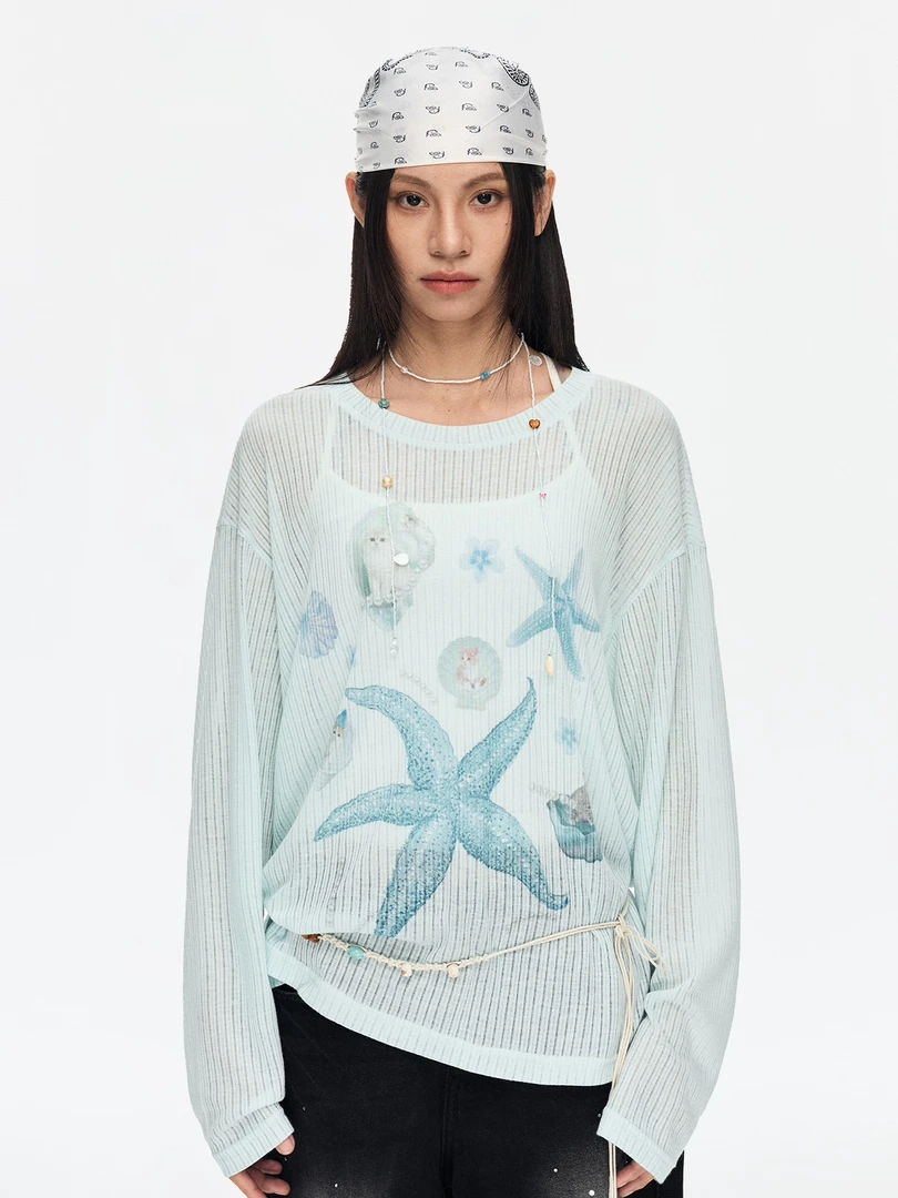 坑条贝壳印花轻薄罩衫简约宽松上衣松弛感宽松薄款防晒衫女夏季