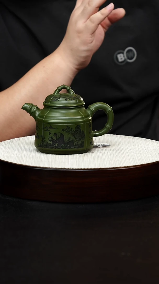 茶壶紫砂宜兴原矿纯手工紫砂 双线竹鼎 景州墨绿泥