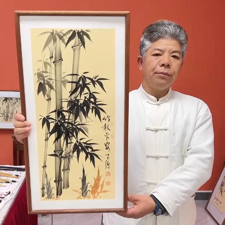 张富民手绘作品/竹报平安（乌檀木实木框）（竖版）/36*69厘米左右